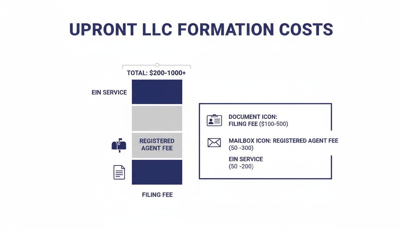 Chart illustrating upfront LLC formation costs including EIN service, registered agent, and filing fees.