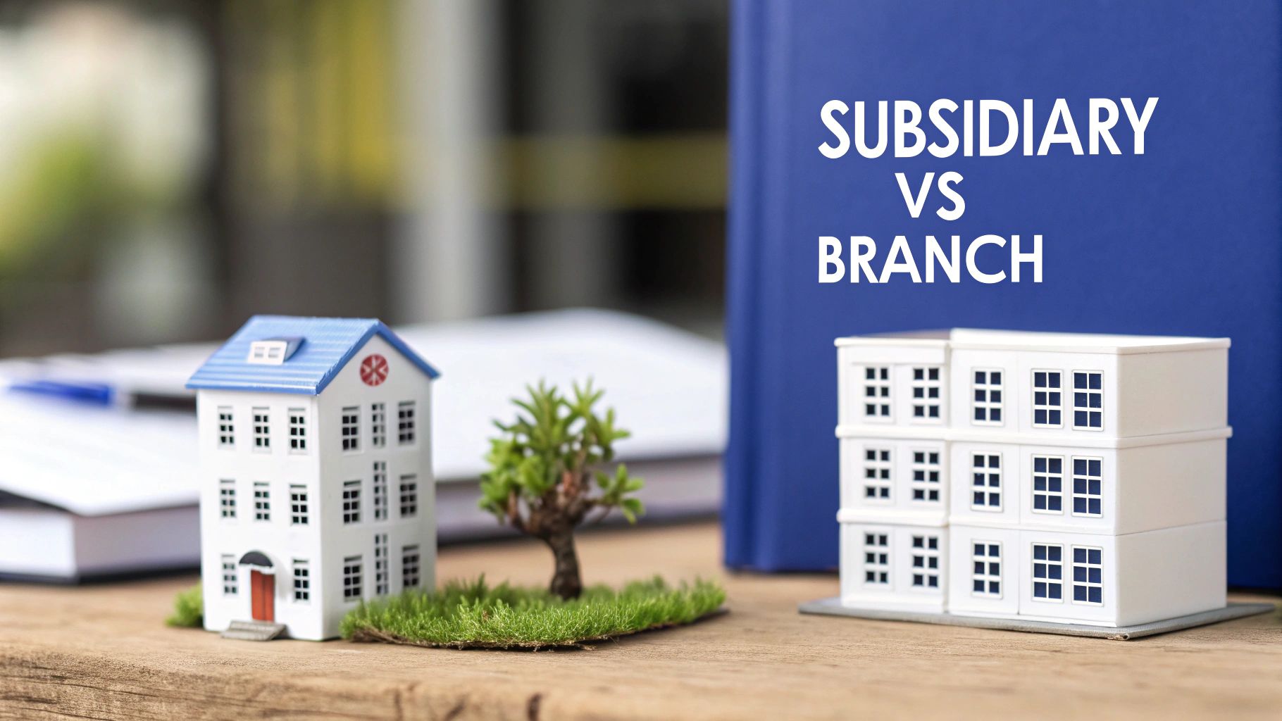 Miniature house and office building next to a blue book titled 'Subsidiary vs Branch'.