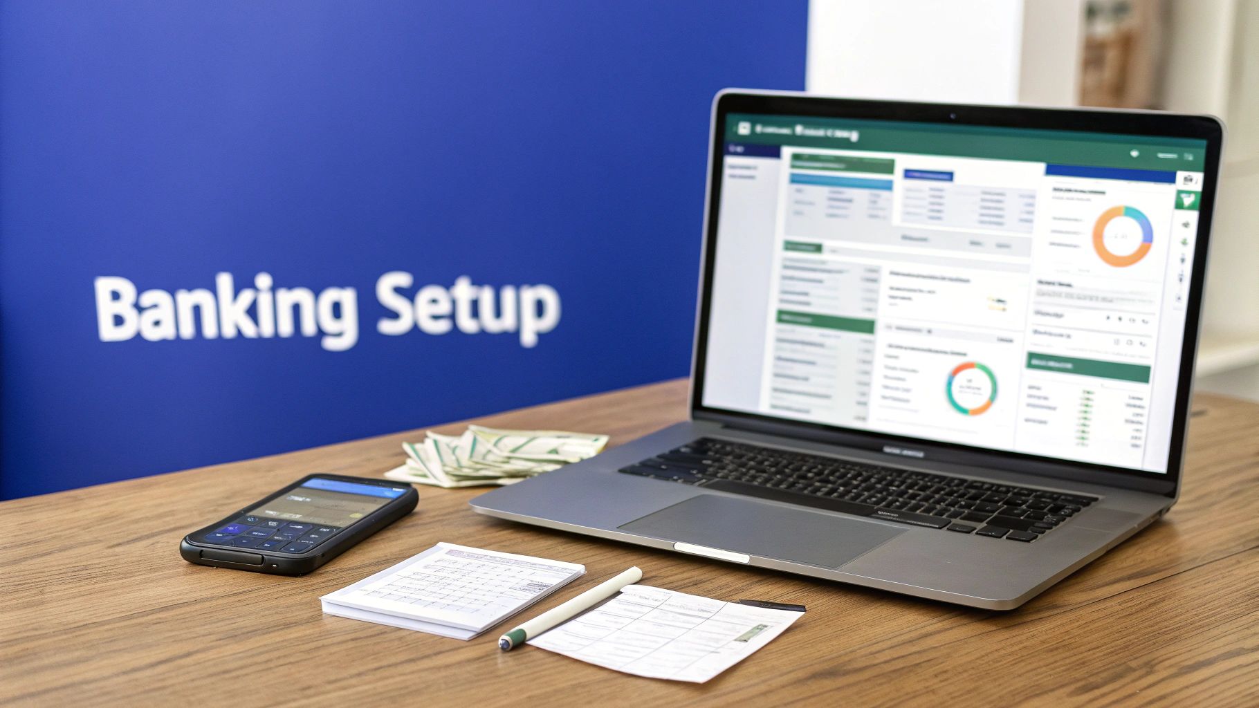 A laptop displaying financial data, a smartphone, cash, and documents on a desk with a 'Banking Setup' sign.