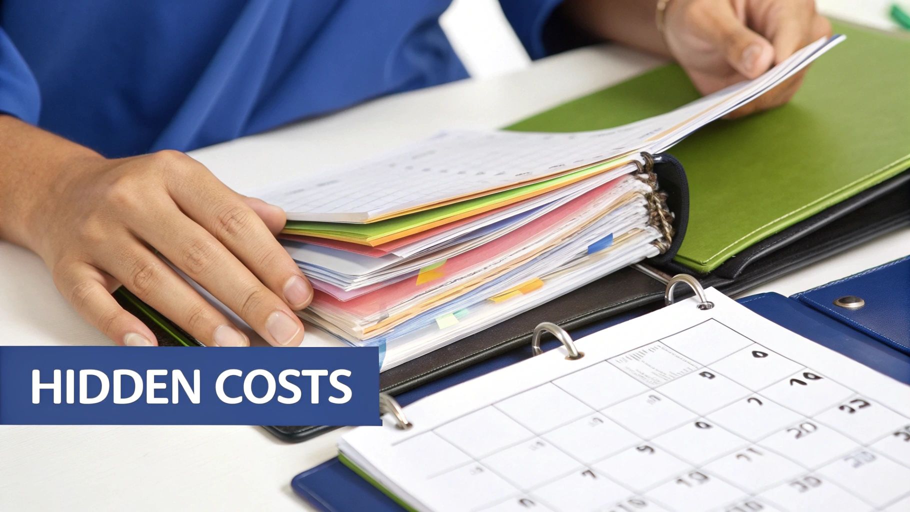Person's hands reviewing a binder with colorful financial documents and a calendar, highlighting 'HIDDEN COSTS'.