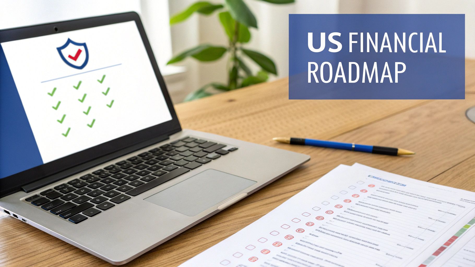Laptop displaying a US financial roadmap with security icons and a checklist on a wooden desk.