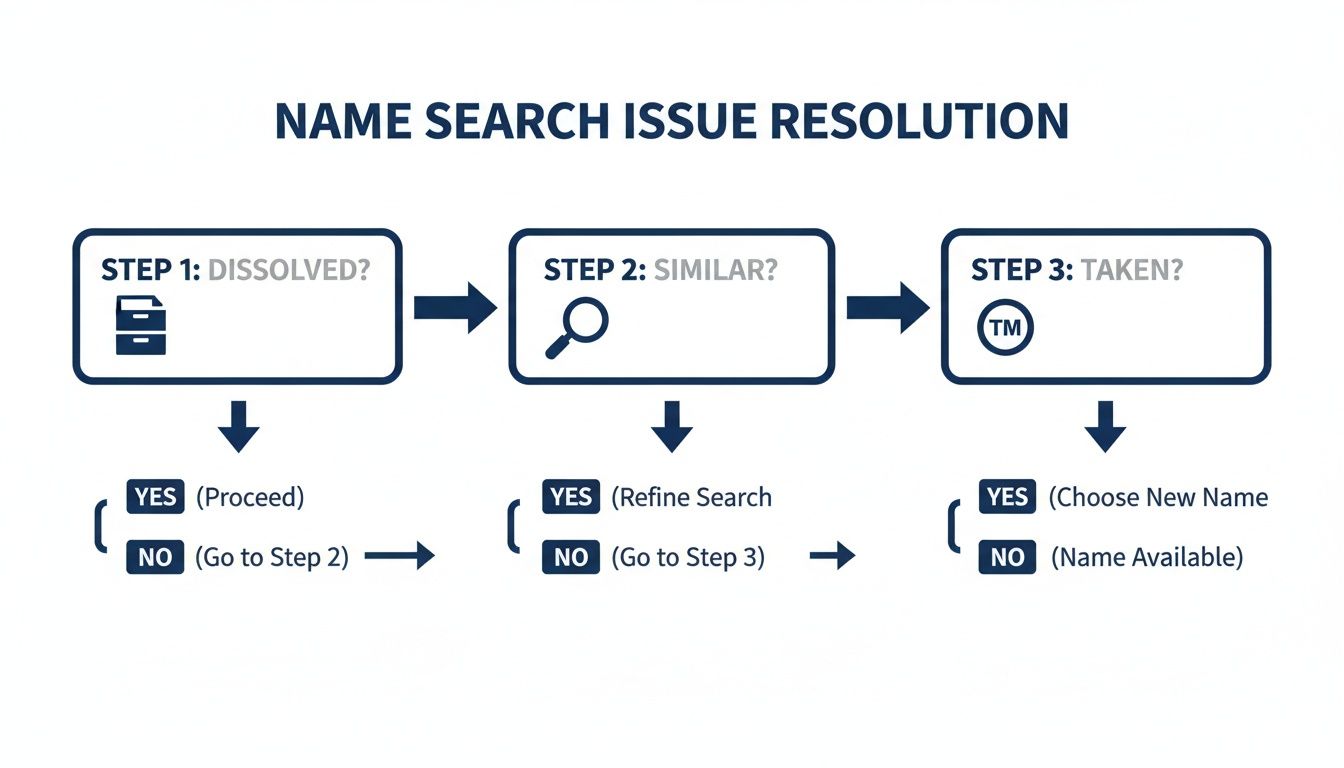 Flowchart detailing a three-step process for resolving name search issues: dissolved, similar, and taken.