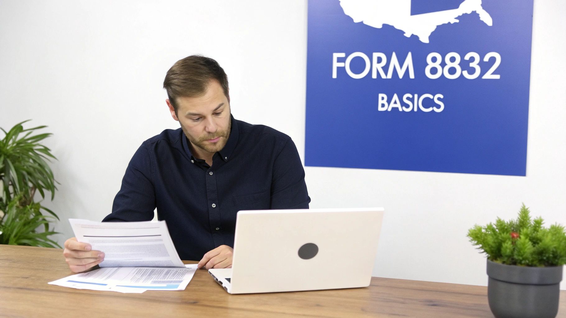 A man reviews tax documents and works on a laptop, with a 'Form 8832 Basics' sign behind him.