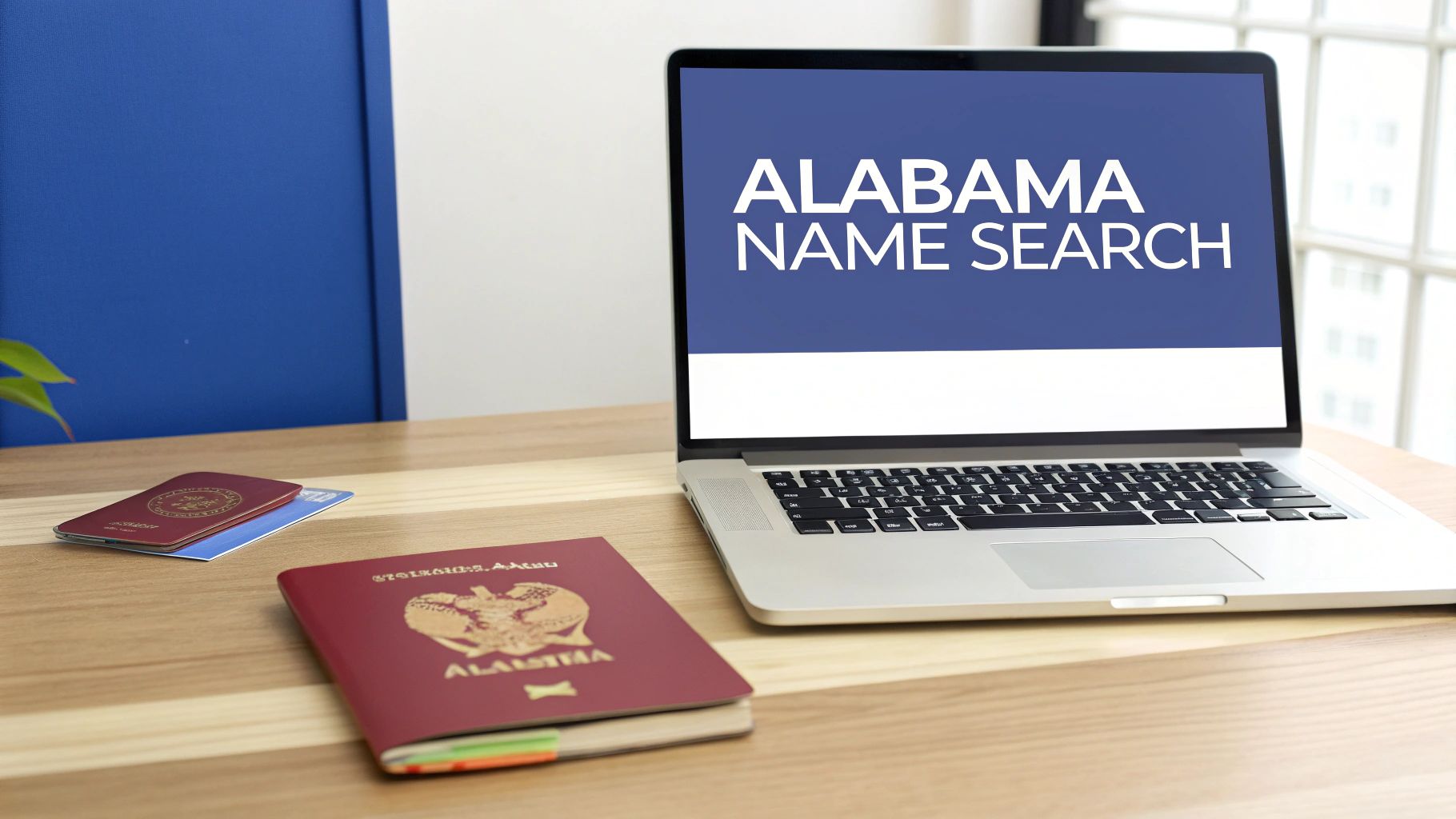 A laptop displaying 'ALABAMA NAME SEARCH' on screen, with passports on a wooden desk.