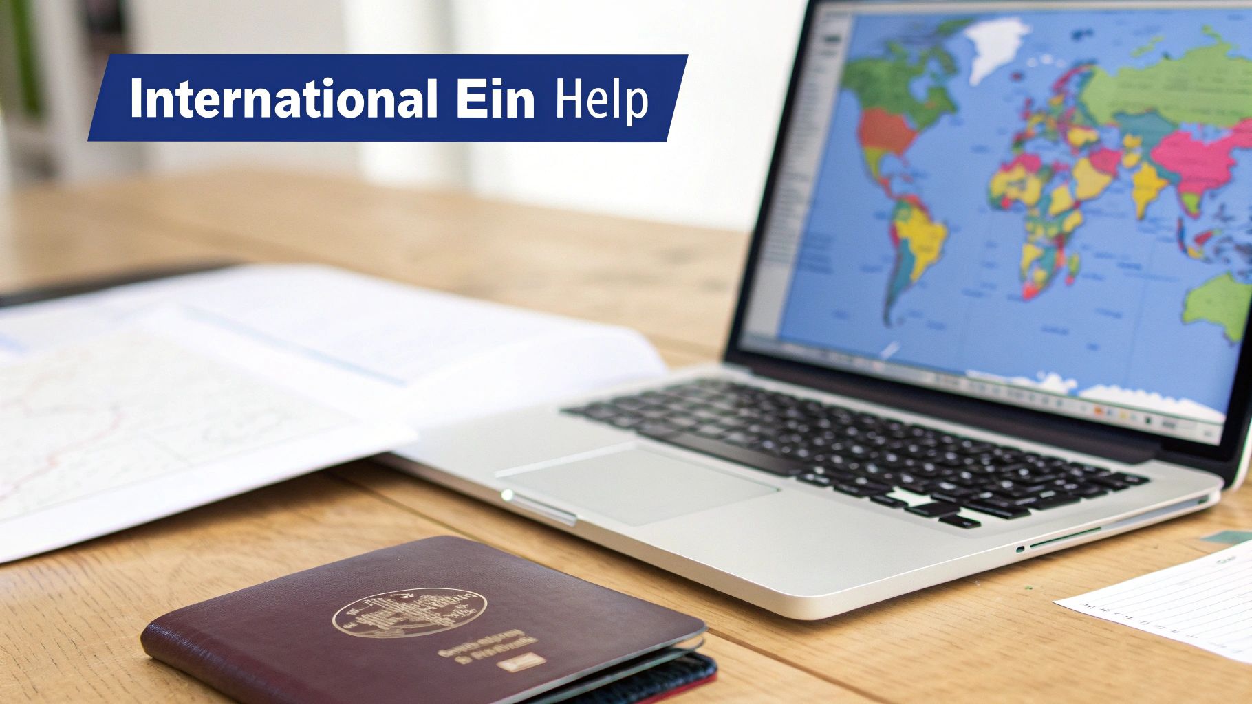 A laptop displaying a world map, a passport, and documents on a wooden desk, with text 'International Ein Help'.