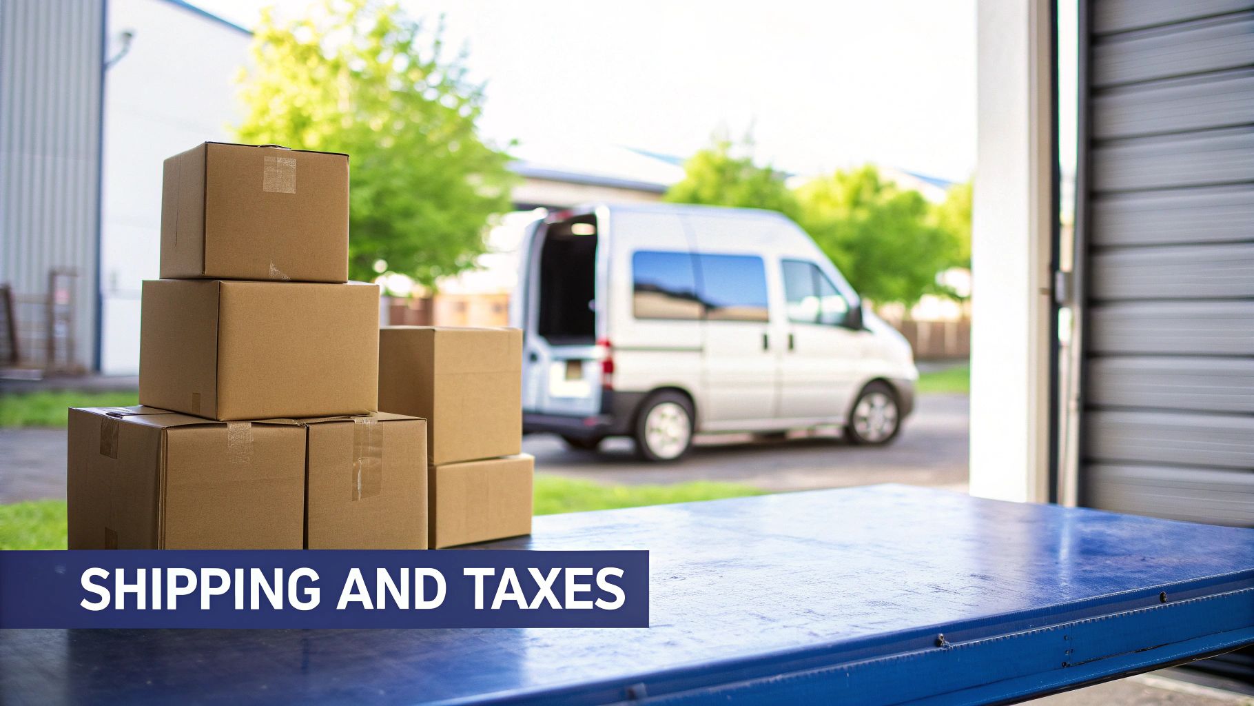 Cardboard shipping boxes stacked near a delivery van, ready for transport, signifying shipping and taxes.