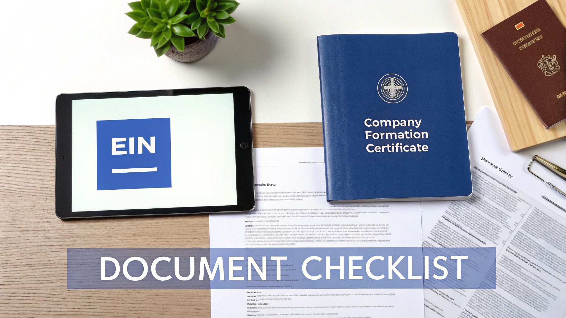 A desk with a tablet displaying EIN, a blue company formation certificate, legal documents, a passport, and a green plant.