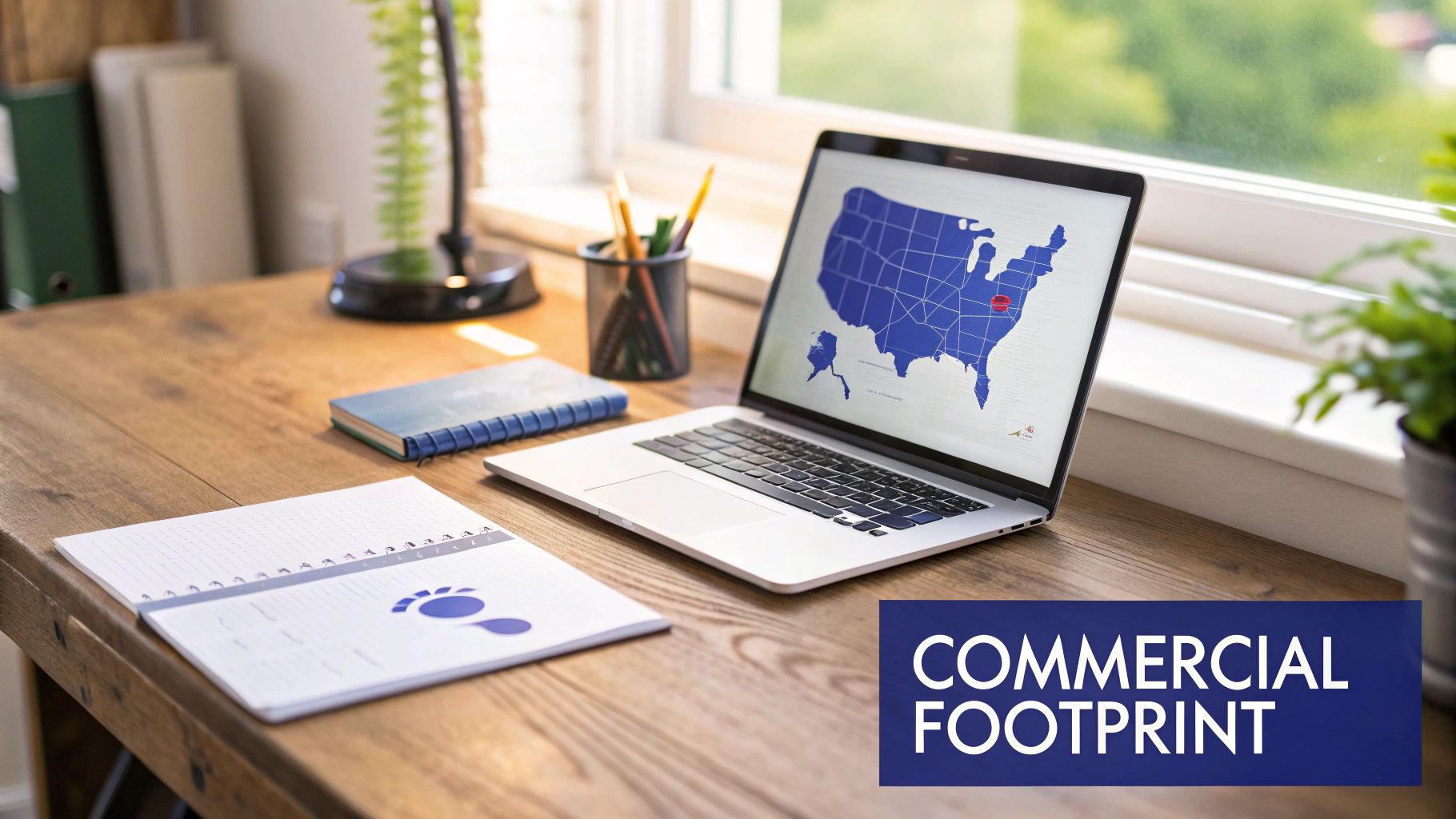 A laptop displays a US map with highlighted states next to a notebook with a footprint, representing commercial reach.