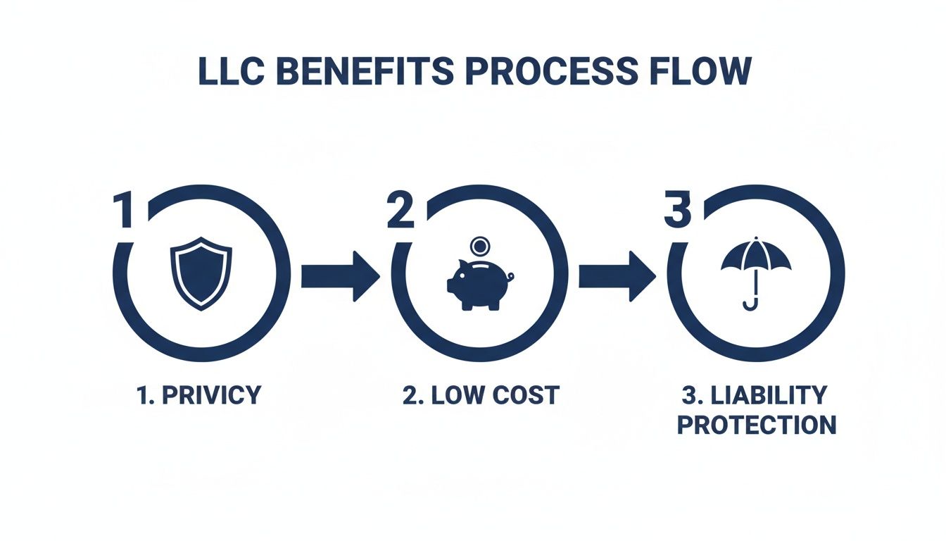 An infographic illustrating LLC benefits, including privacy, low cost, and liability protection, presented as a clear process flow.