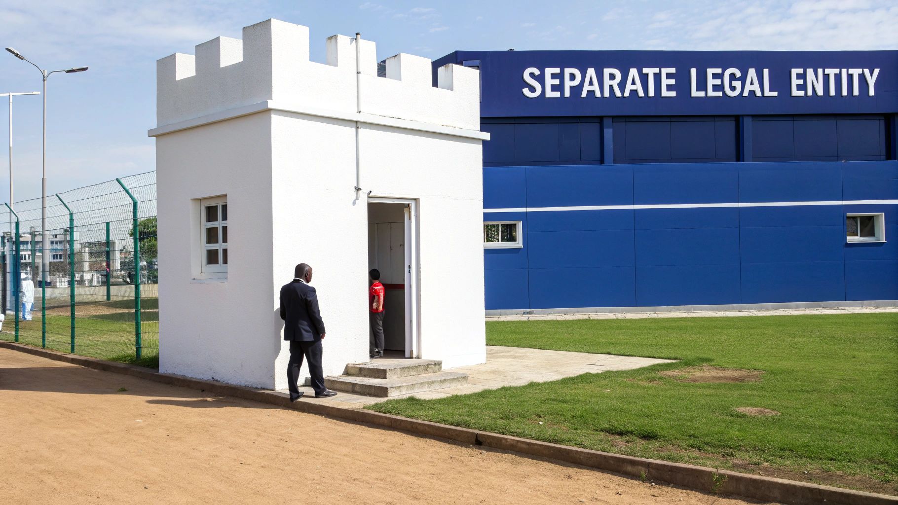 A man in a suit stands outside a white building with "SEPARATE LEGAL ENTITY" on a blue wall.
