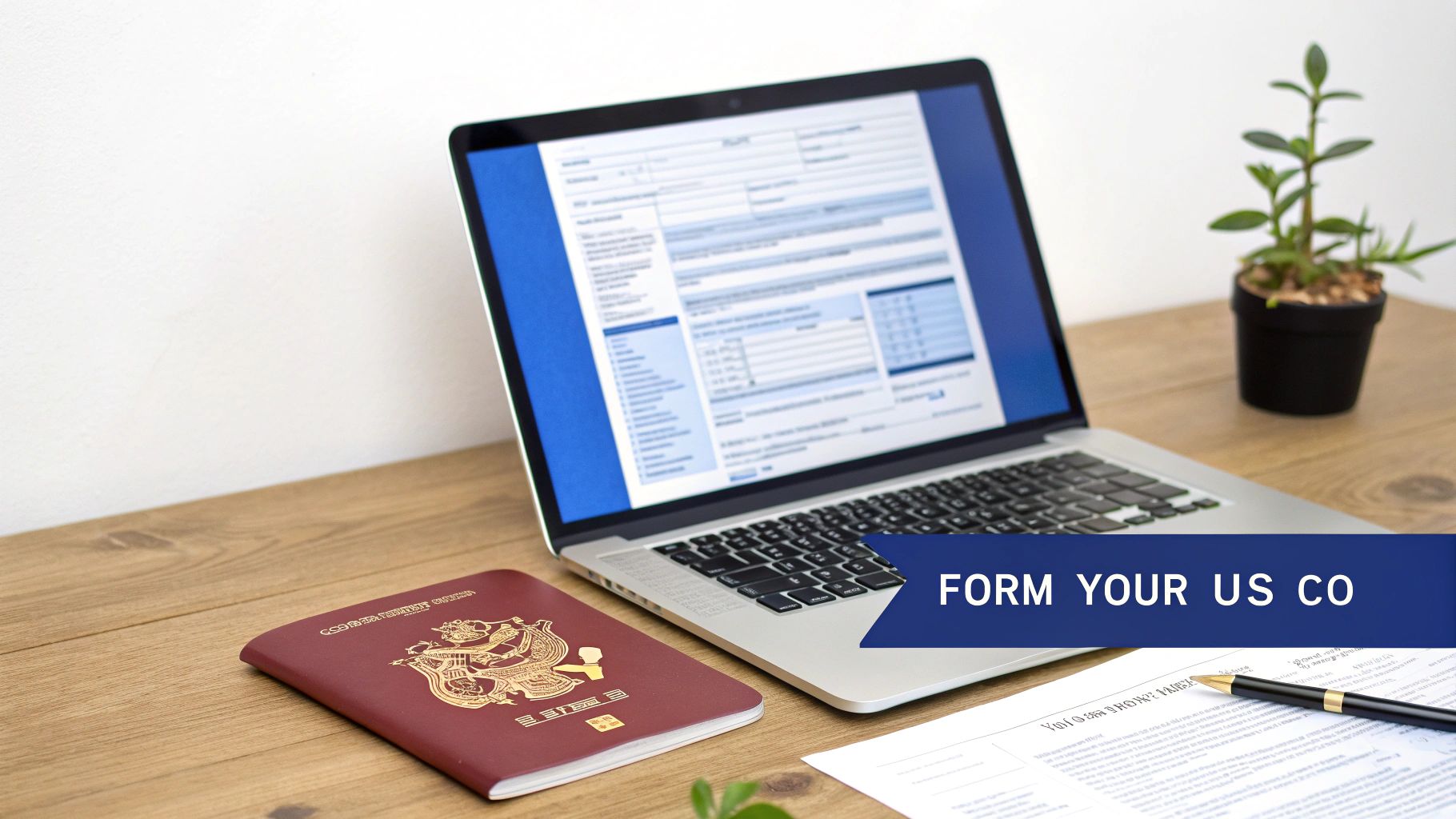 A desk with a laptop displaying a form, a passport, and a pen, advertising US company formation.