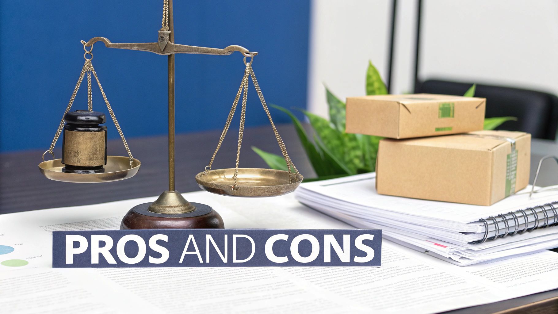 A balance scale, cardboard boxes, and documents with 'PROS AND CONS' text, representing business decision-making.