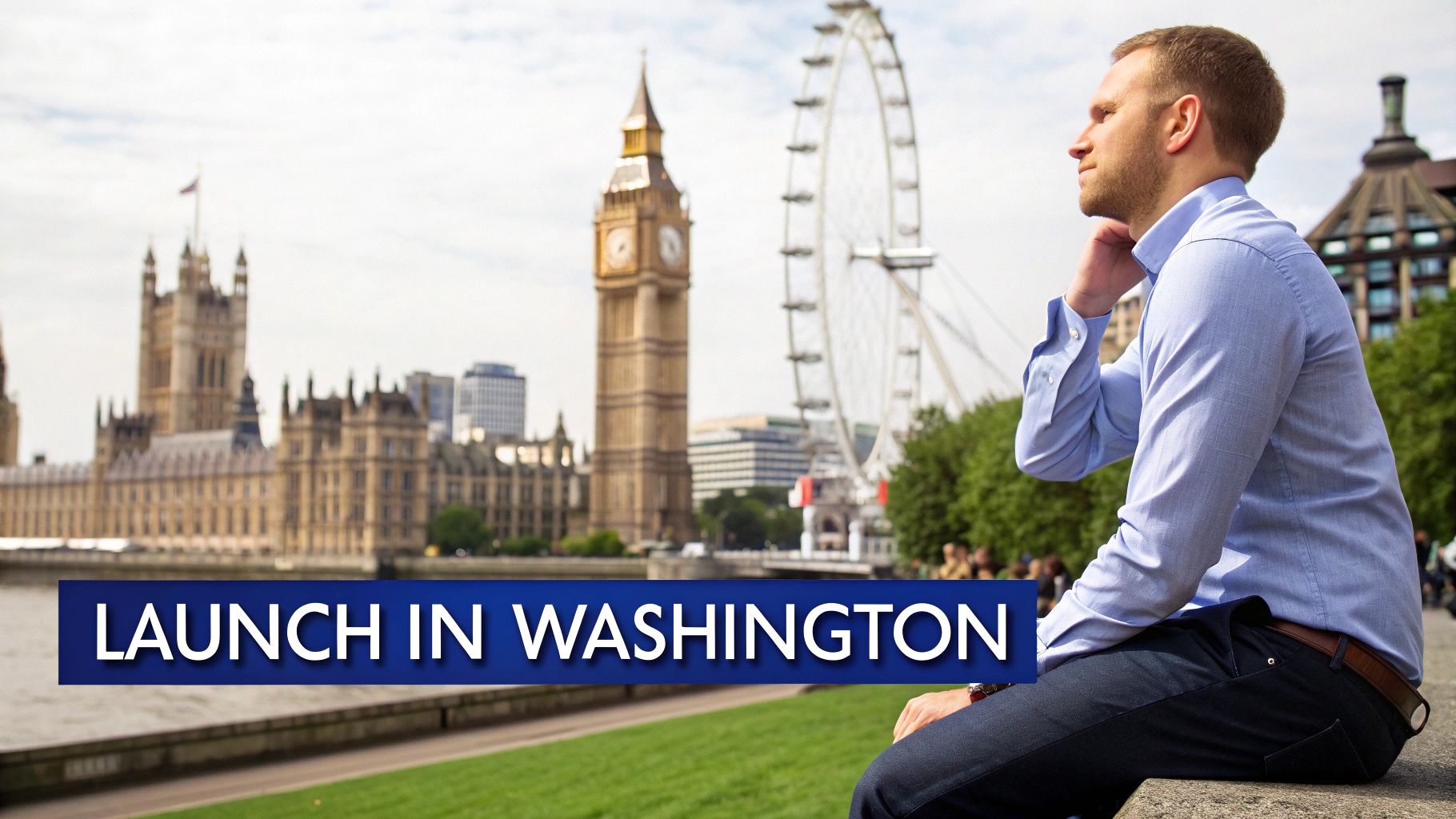 A man sits outdoors with a London skyline background featuring Big Ben and the London Eye.