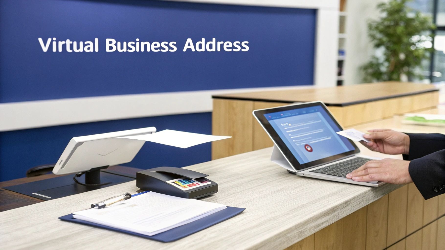 A person using a laptop at a modern counter with a 'Virtual Business Address' sign on the wall.