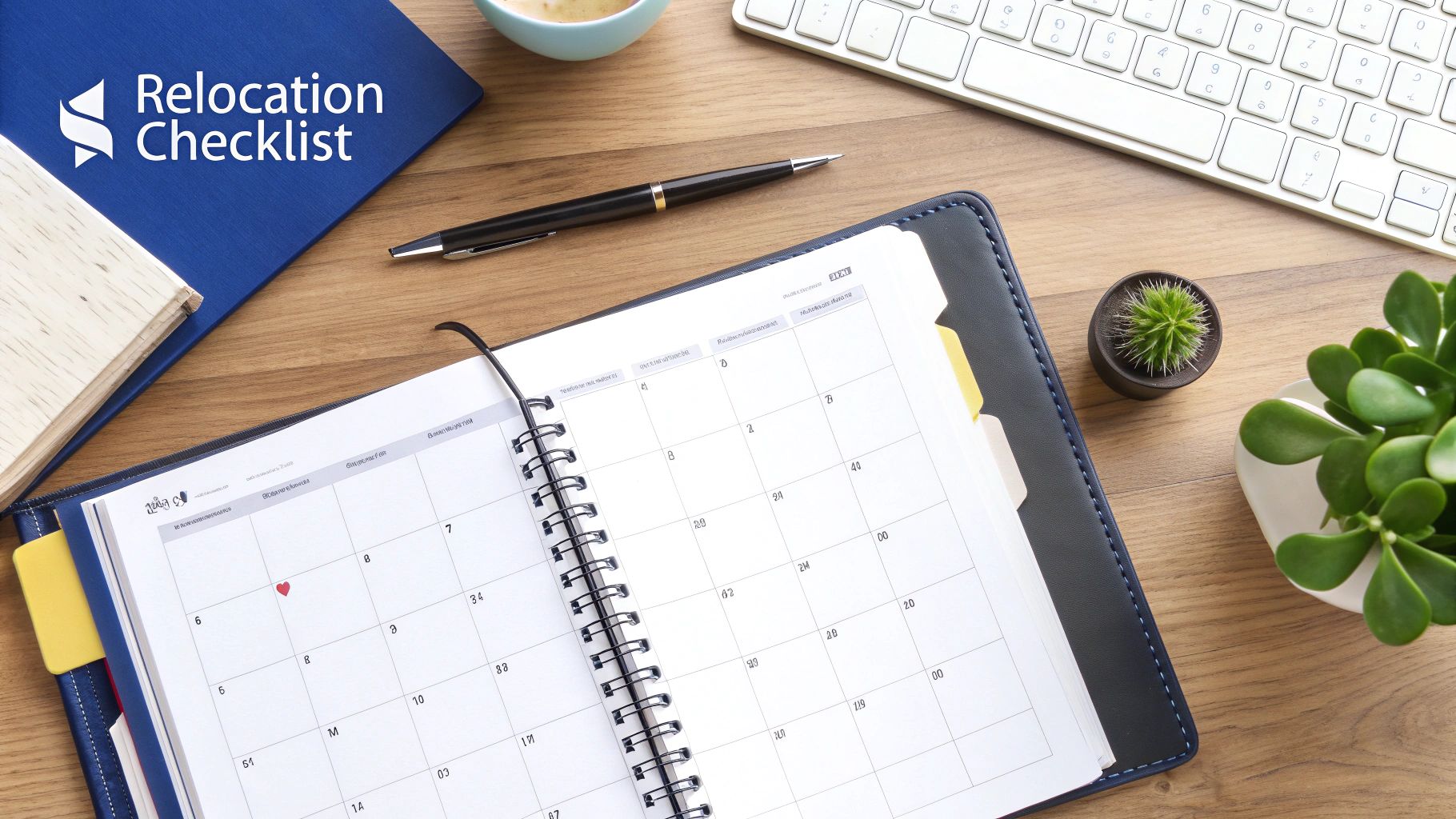 Flat lay of a desk with a 'Relocation Checklist' notebook, open planner, pen, coffee, and plants.