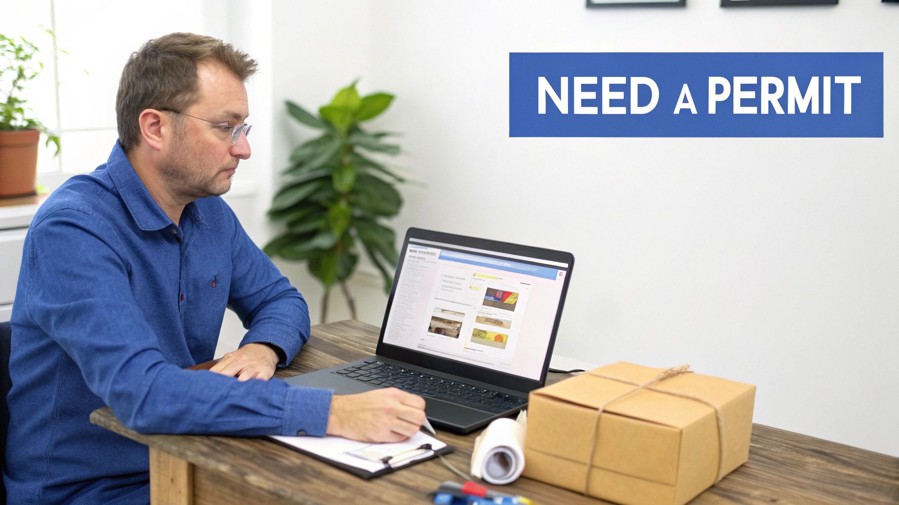A man in a blue shirt works on a laptop at a wooden desk, with a 'NEED A PERMIT' sign in the background.
