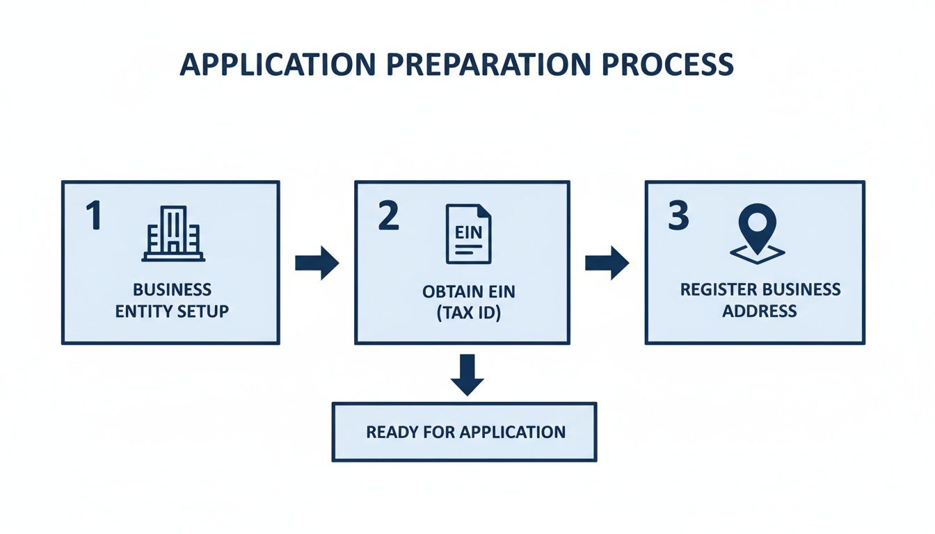 Flowchart detailing the application preparation process including business entity setup, obtaining EIN, and registering business address.