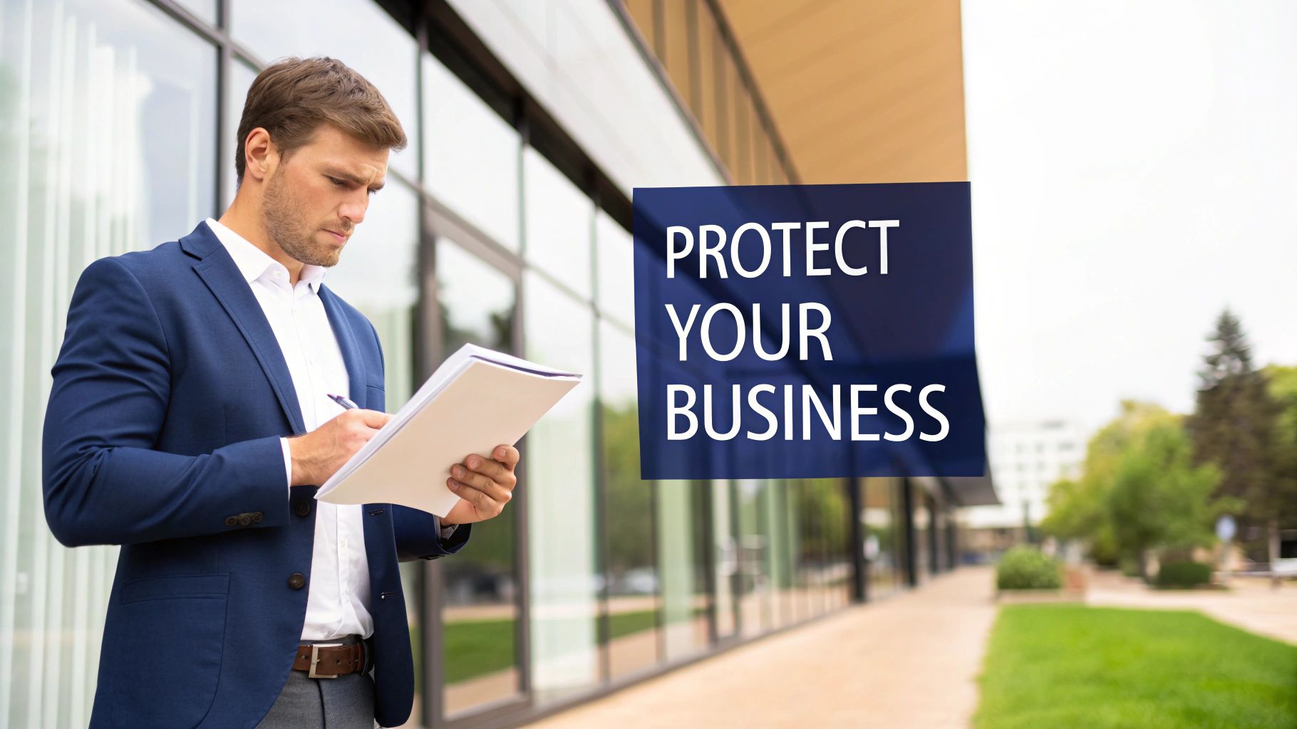 A businessman in a suit intently writing outdoors, next to a "Protect Your Business" sign.