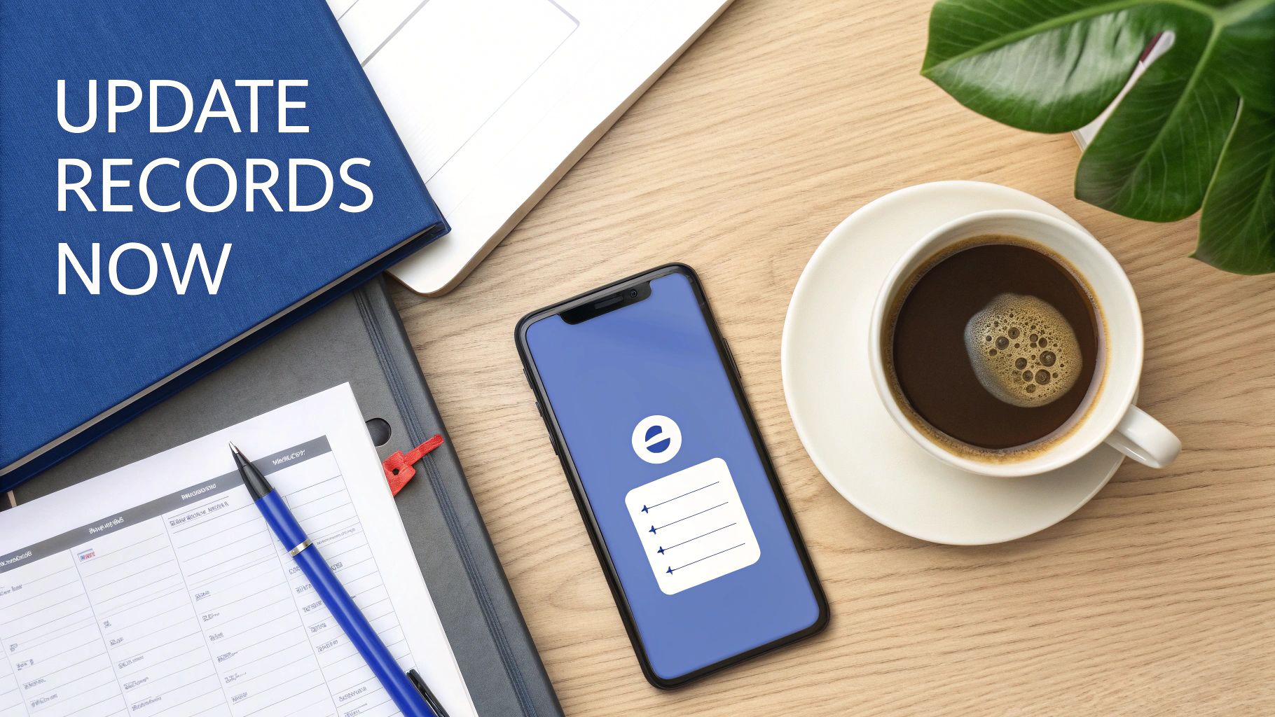 Overhead view of a desk with a blue notebook, smartphone, coffee cup, and plant, promoting 'UPDATE RECORDS NOW'.