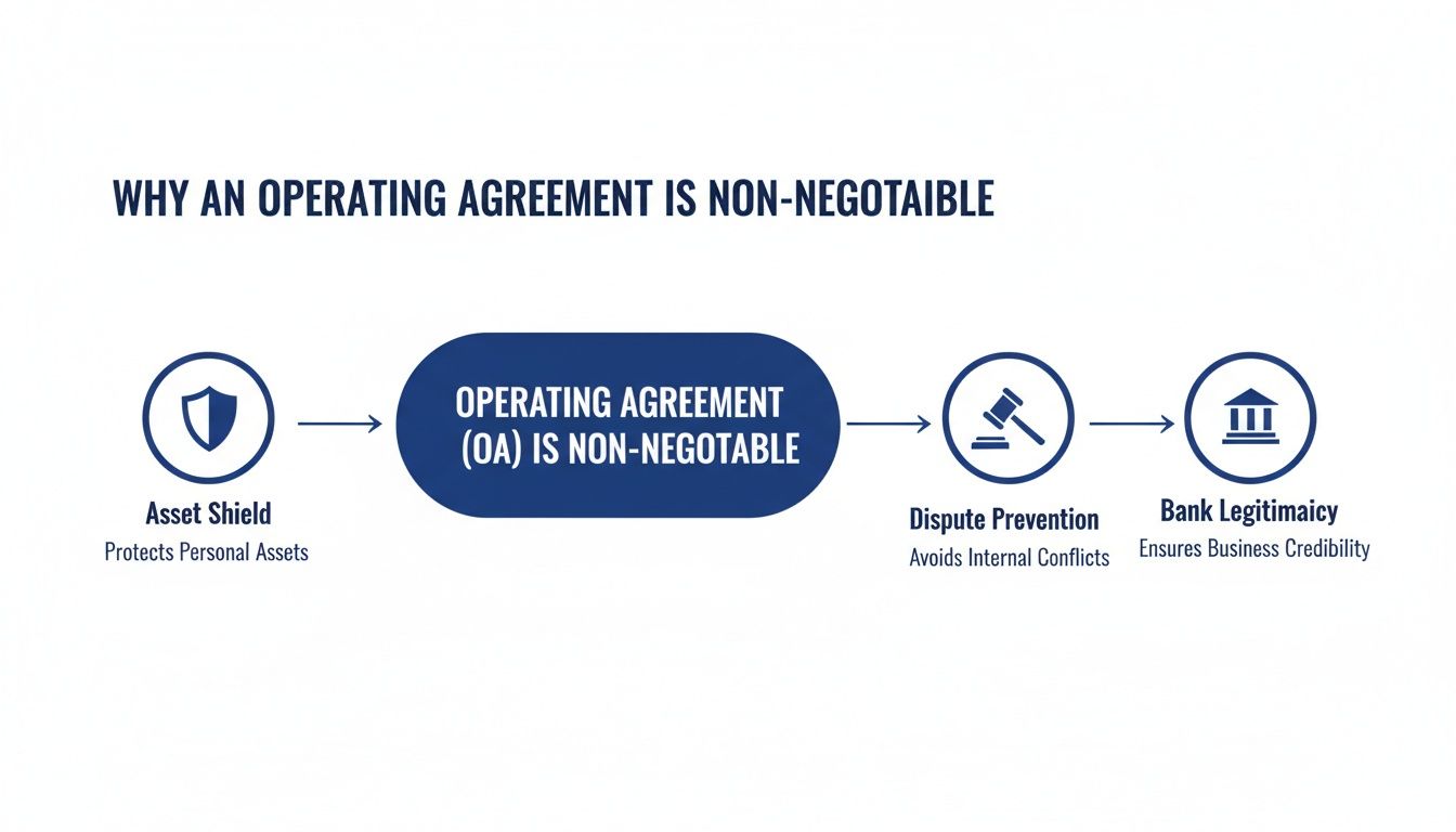 Flowchart explaining why an operating agreement is non-negotiable, detailing asset shield, dispute prevention, and bank legitimacy benefits.