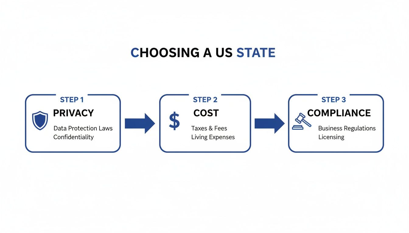 Diagram illustrating a three-step process for choosing a US state based on privacy, cost, and compliance.