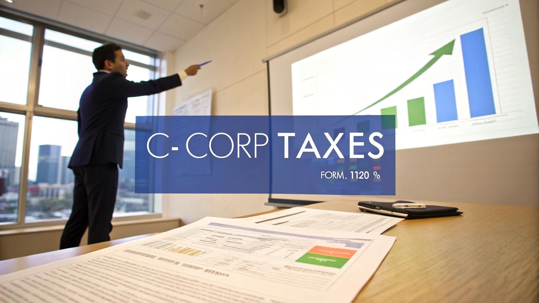 Man presenting C-Corp taxes and form 1120 with a growth chart in a modern office.