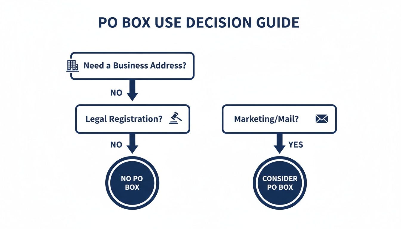 Flowchart guide for deciding if a PO Box is suitable for business or marketing mail.