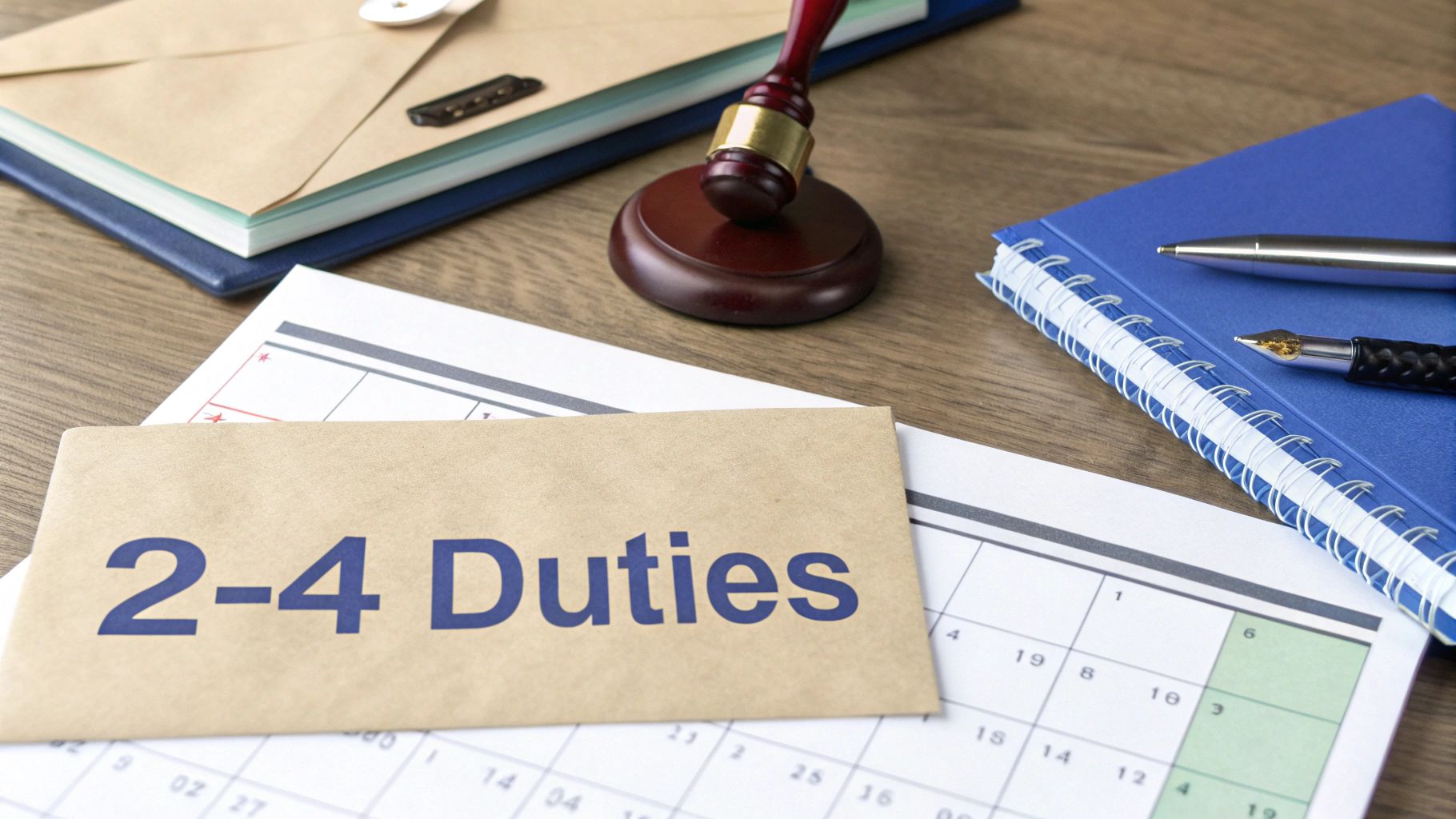 An envelope labeled '2-4 Duties' on a calendar, with a gavel, notebook, and pens nearby.