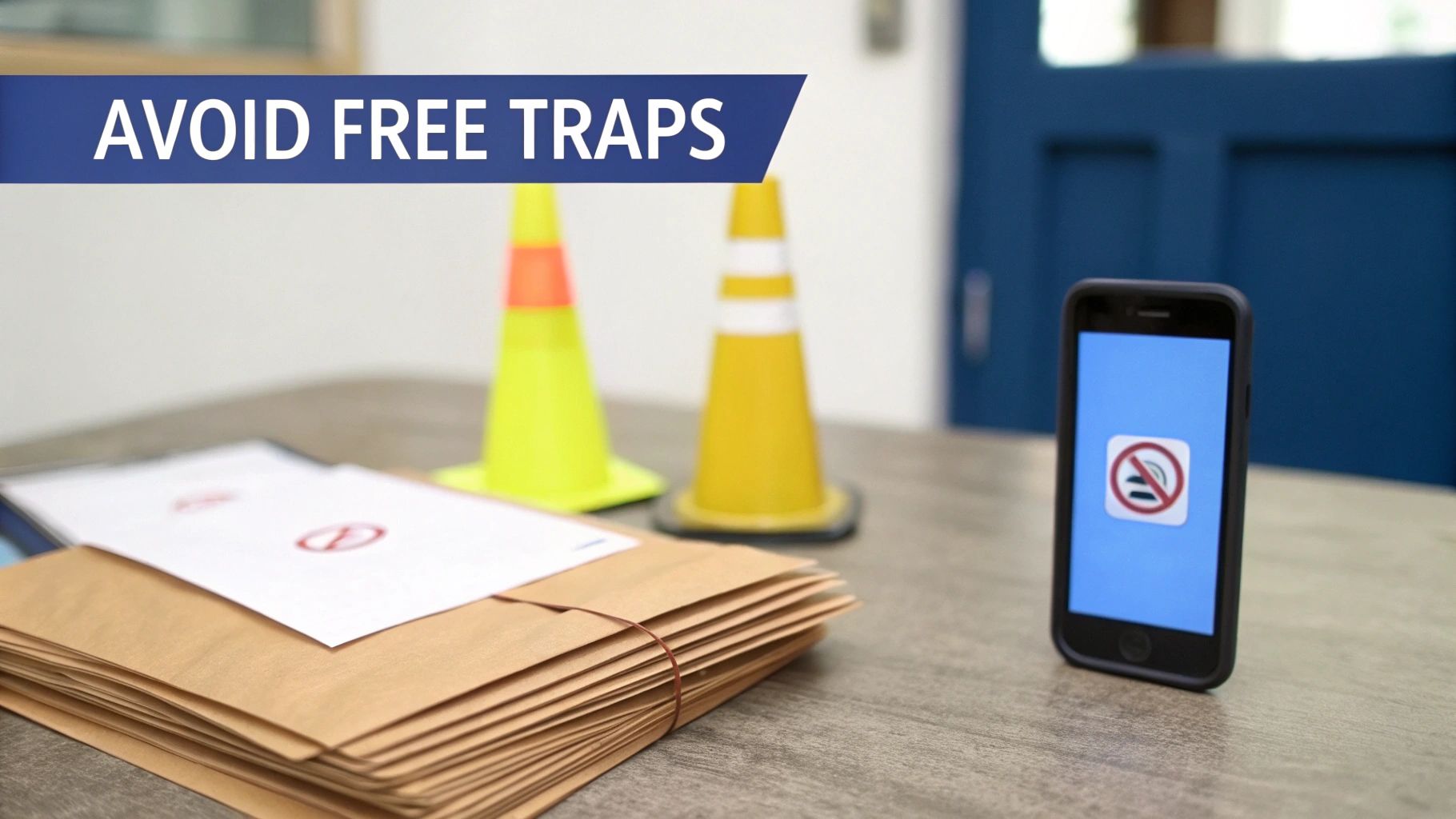 A banner reads 'AVOID FREE TRAPS' above envelopes, small traffic cones, and a phone showing a warning icon.