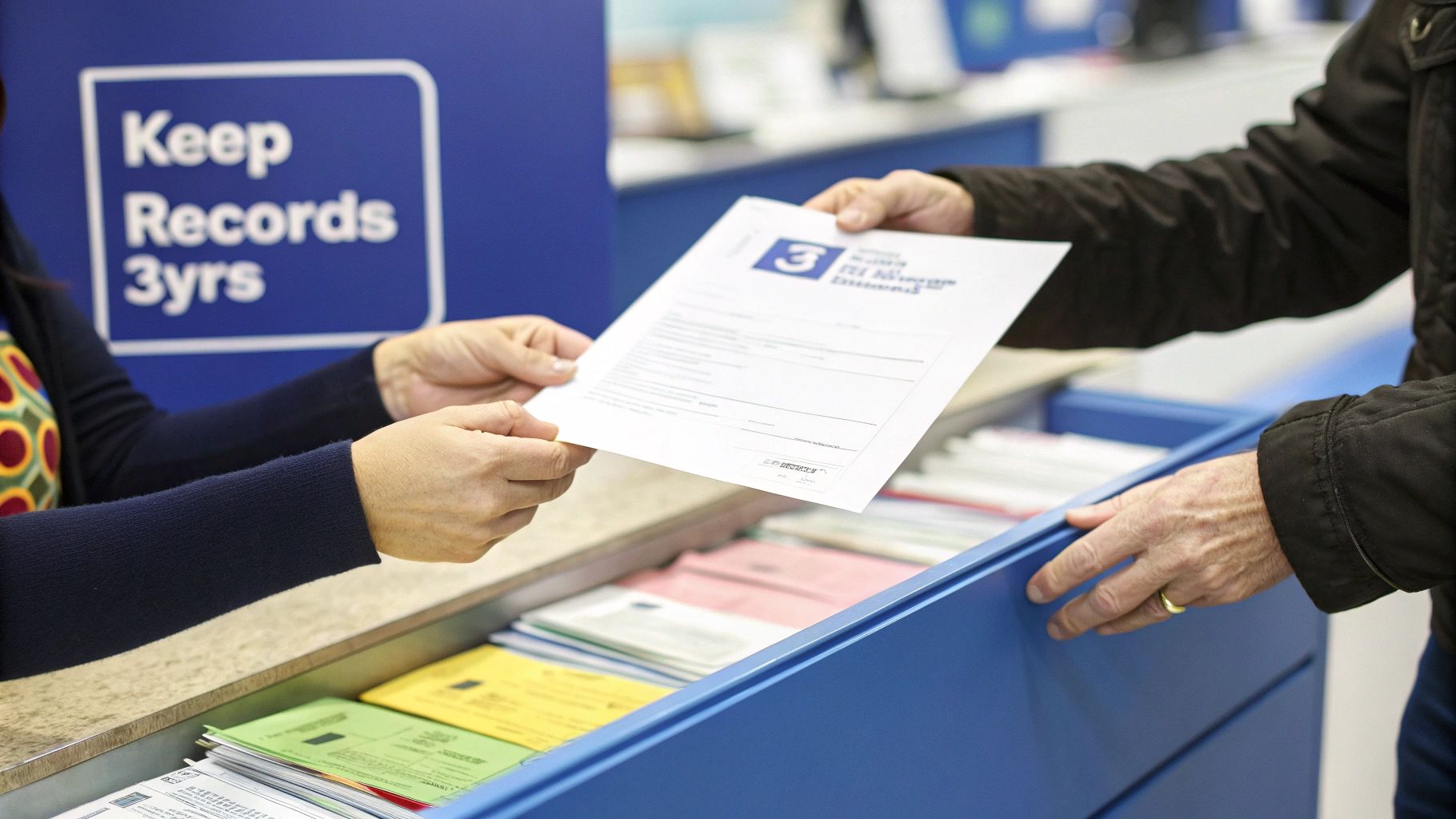 Hands exchanging a form at a service desk, with a 'Keep Records 3yrs' sign in the background.