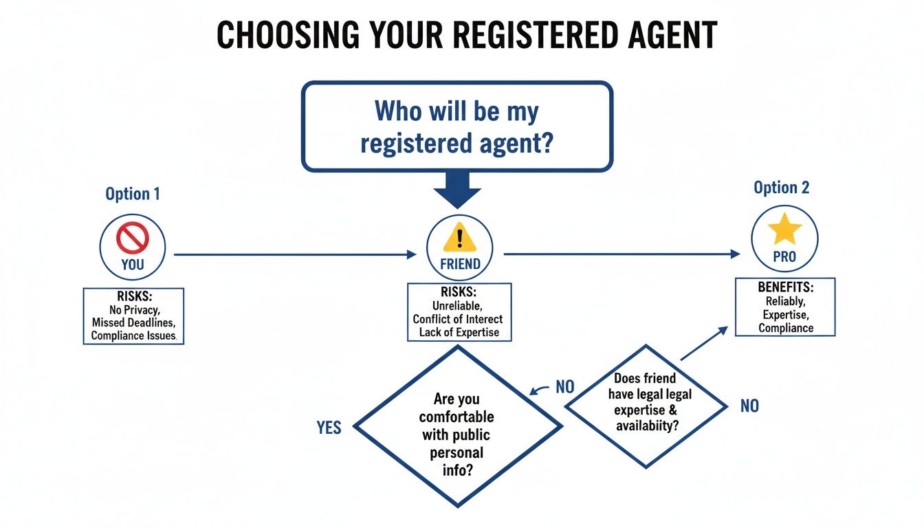 Flowchart illustrating the decision process for choosing a registered agent, comparing self, friend, and professional options.