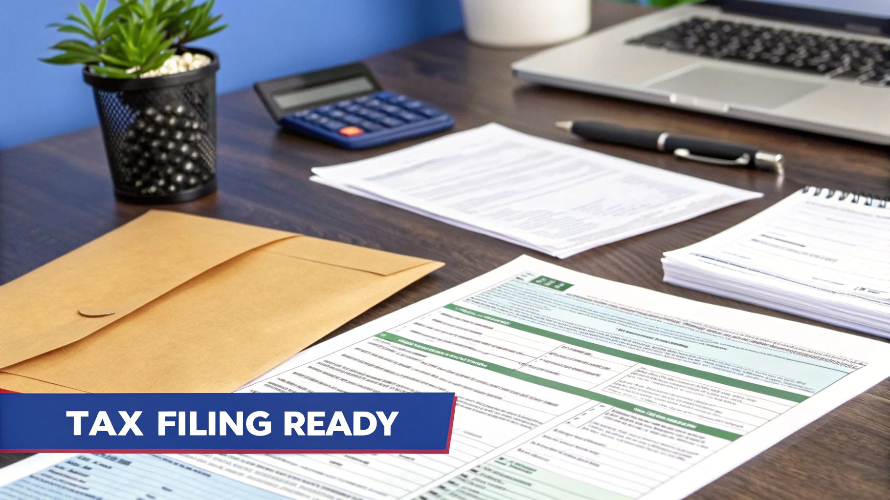 Desk setup with tax forms, calculator, pen, and envelope, indicating readiness for tax filing.