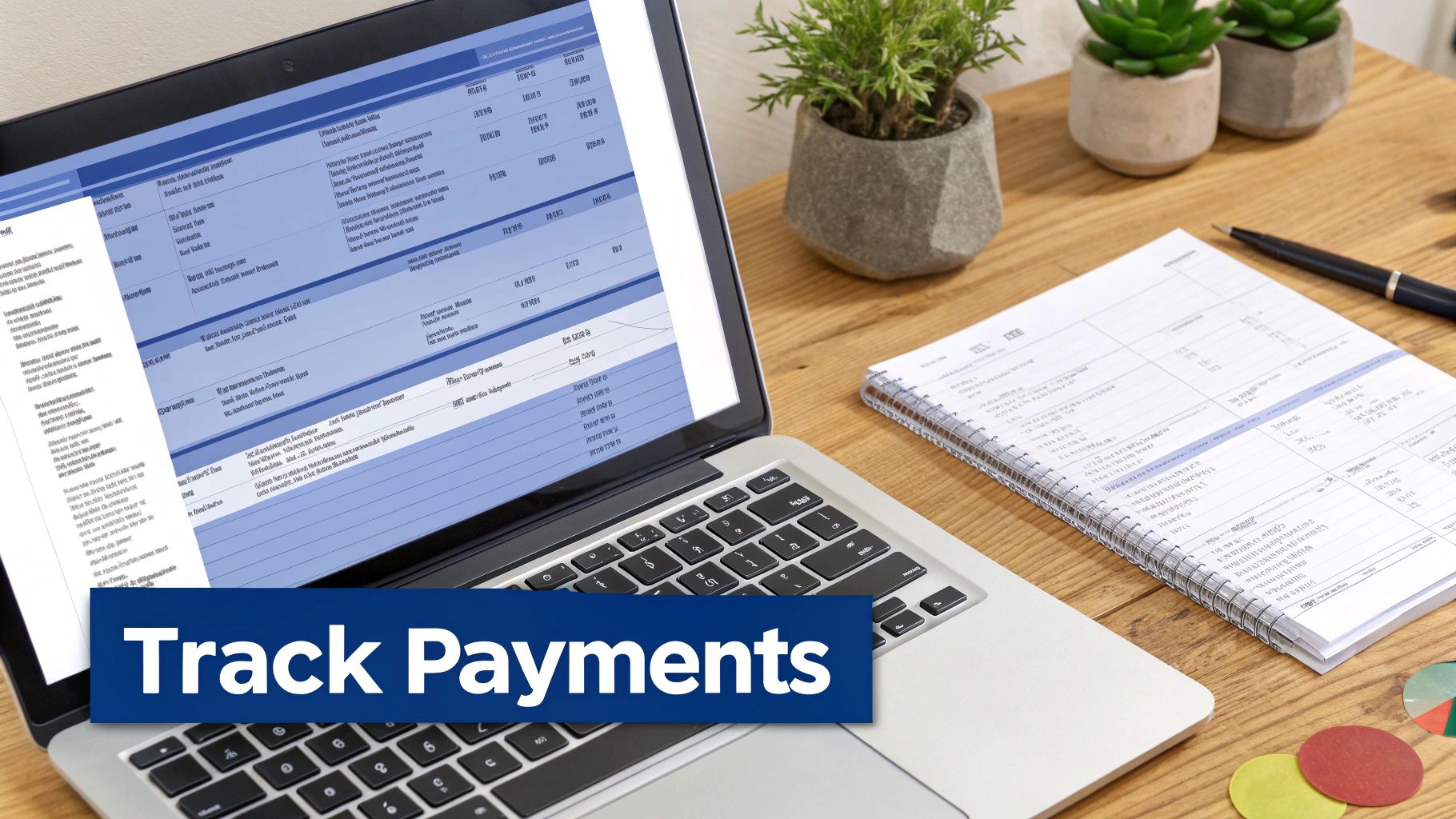 A laptop displaying a financial spreadsheet next to a notebook, pen, and plants on a wooden desk with 'Track Payments' text.