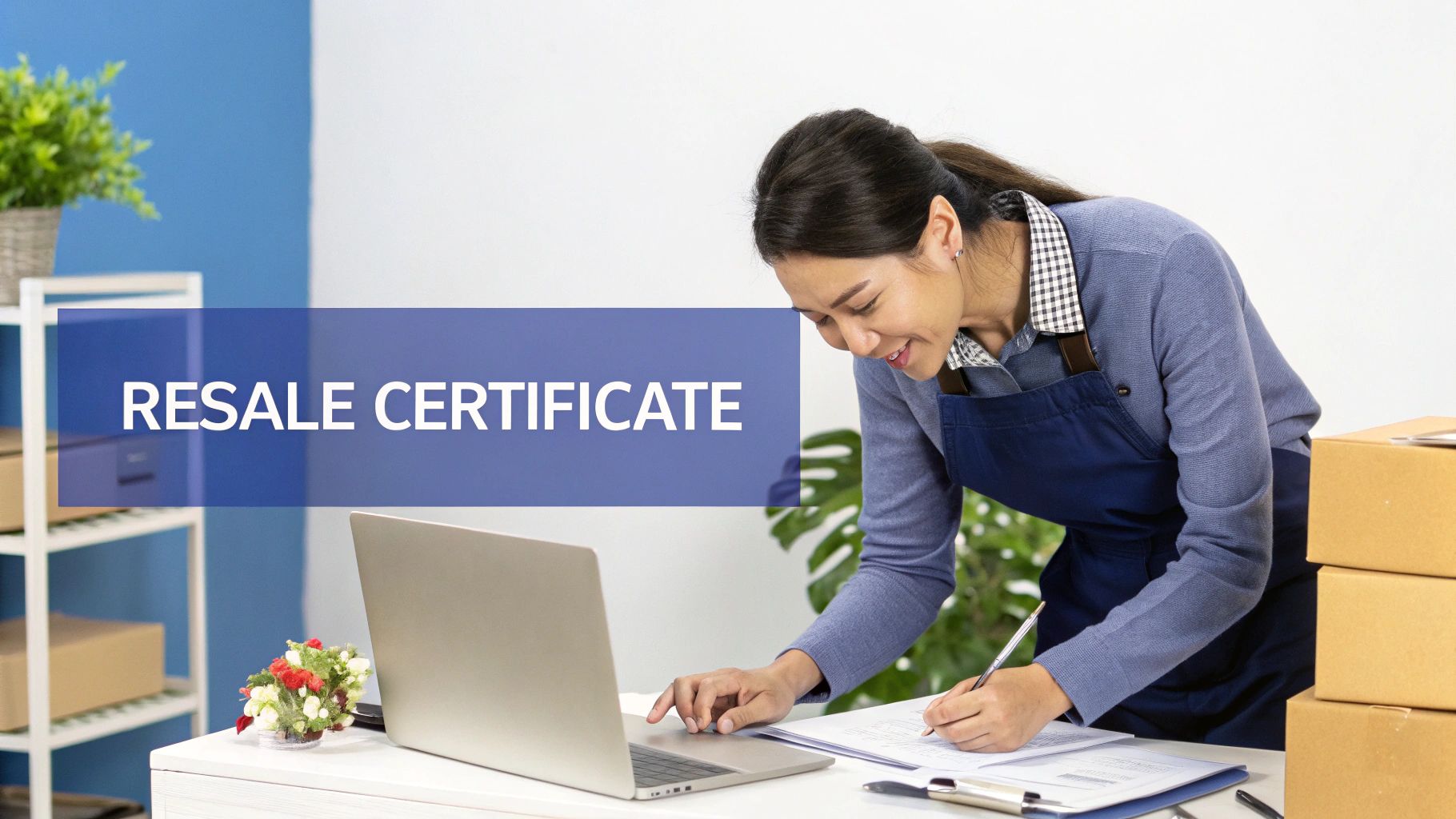 Smiling woman in an apron processes a resale certificate, working on a laptop with shipping boxes.