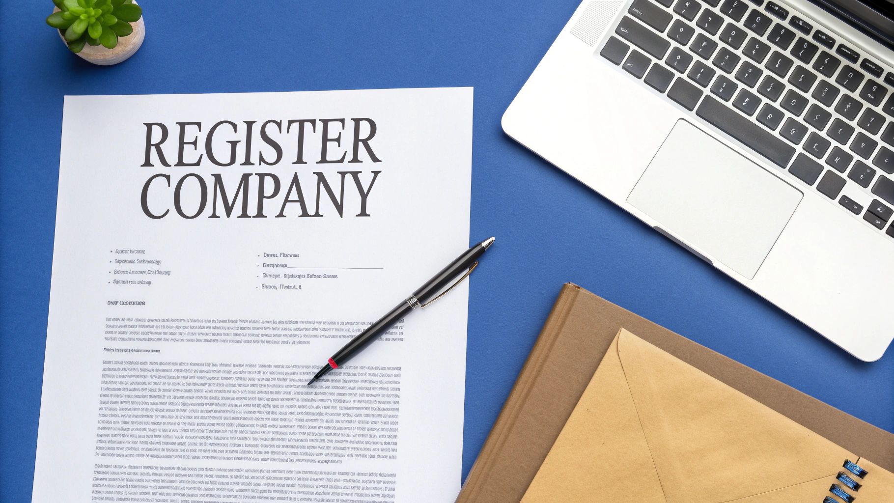 Overhead view of a blue desk with a document titled 'REGISTER COMPANY', a laptop, pen, plant, and notebook.