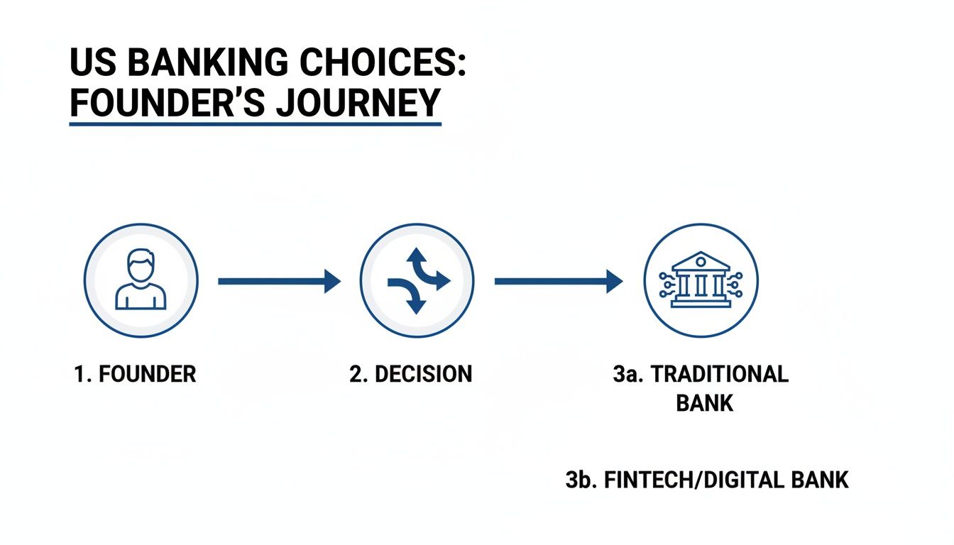 Flowchart illustrating US banking choices for founders, including decision points for traditional or fintech banks.