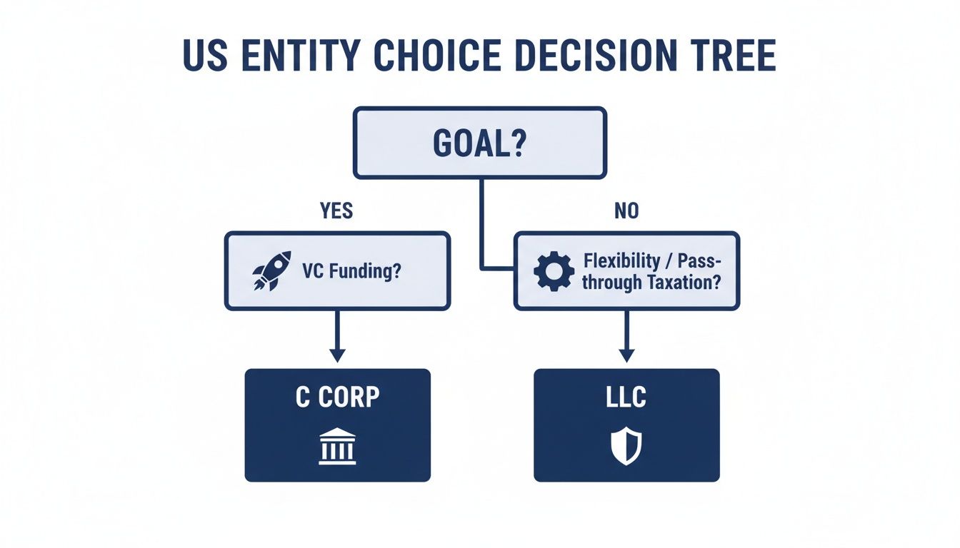 Decision tree for US entity choice: VC Funding leads to C CORP, while Flexibility/Pass-through Taxation leads to LLC.