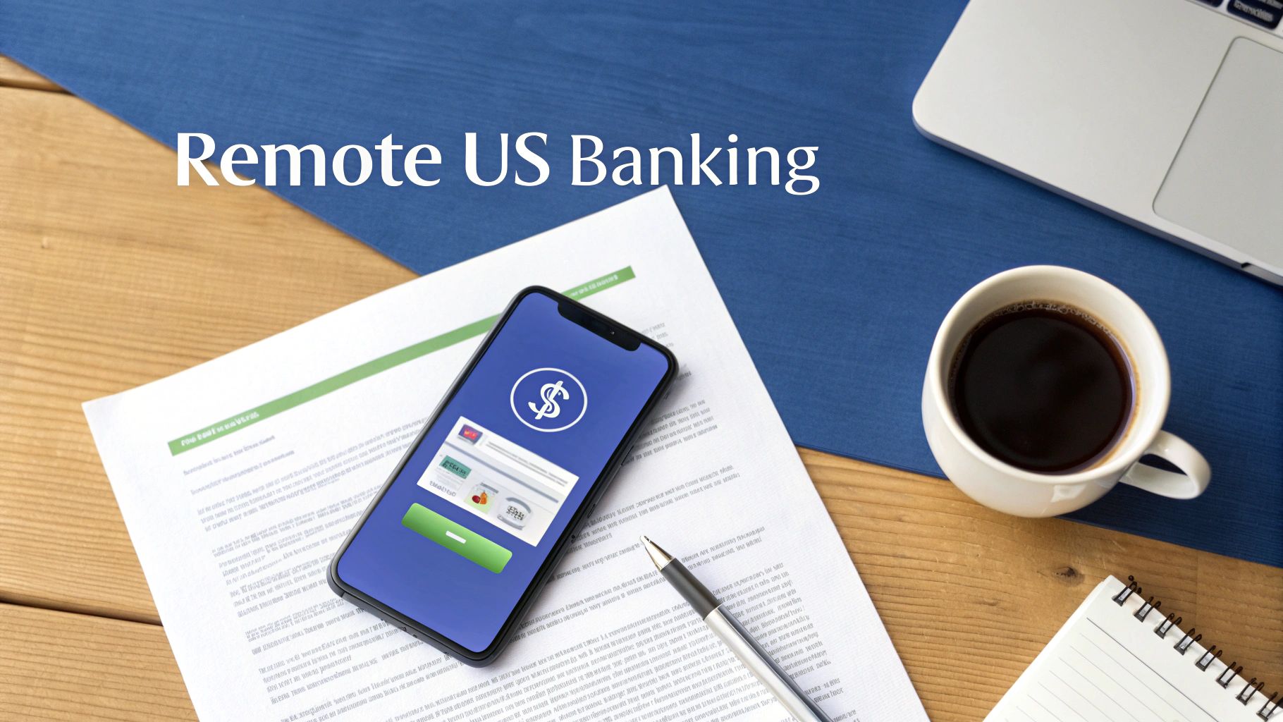 A flat lay shows a smartphone with a banking app, documents, pen, coffee, and laptop, with text 'Remote US Banking'.