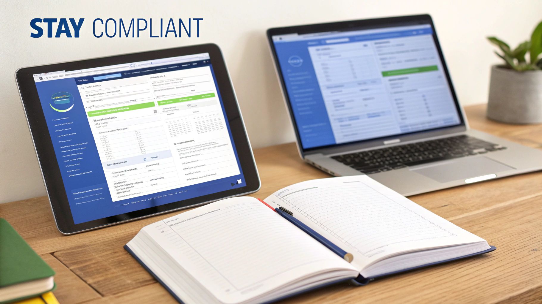 Digital tools for compliance on a wooden desk, featuring a tablet, laptop, and open notebook.