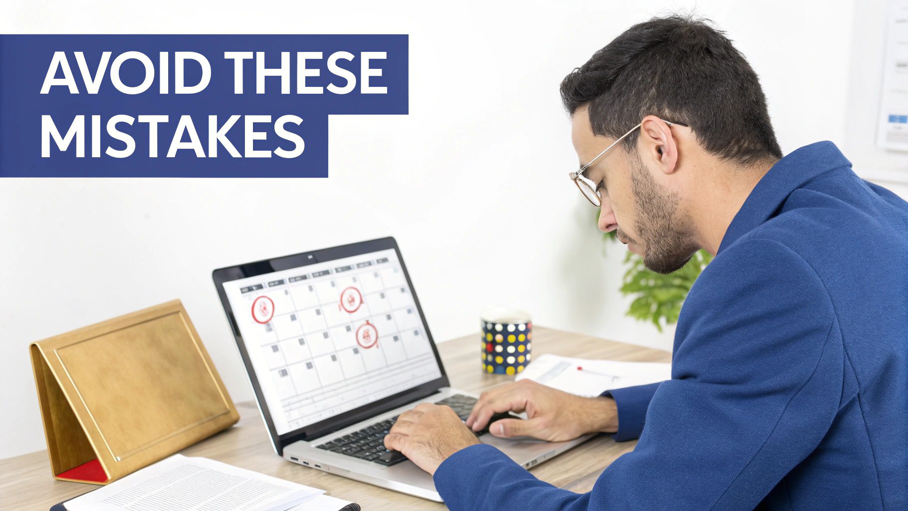 A man in glasses works intently on a laptop displaying a calendar with important dates, avoiding mistakes.
