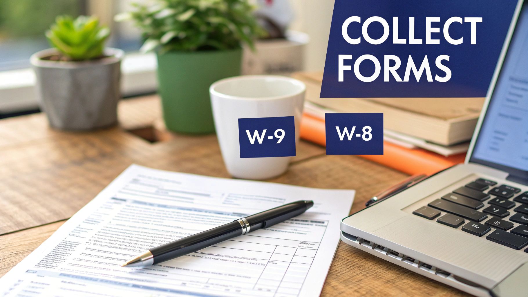 Close-up of a desk showing W-9 and W-8 tax forms, a laptop, and a pen for compliance.