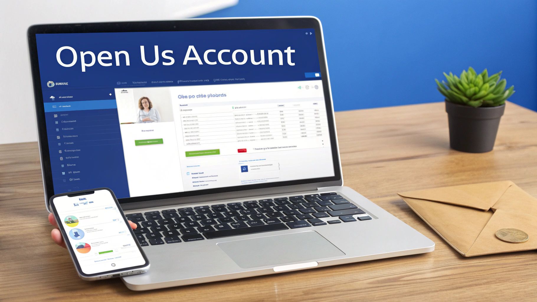 A person holds a smartphone next to a laptop displaying 'Open Us Account' and online banking features.