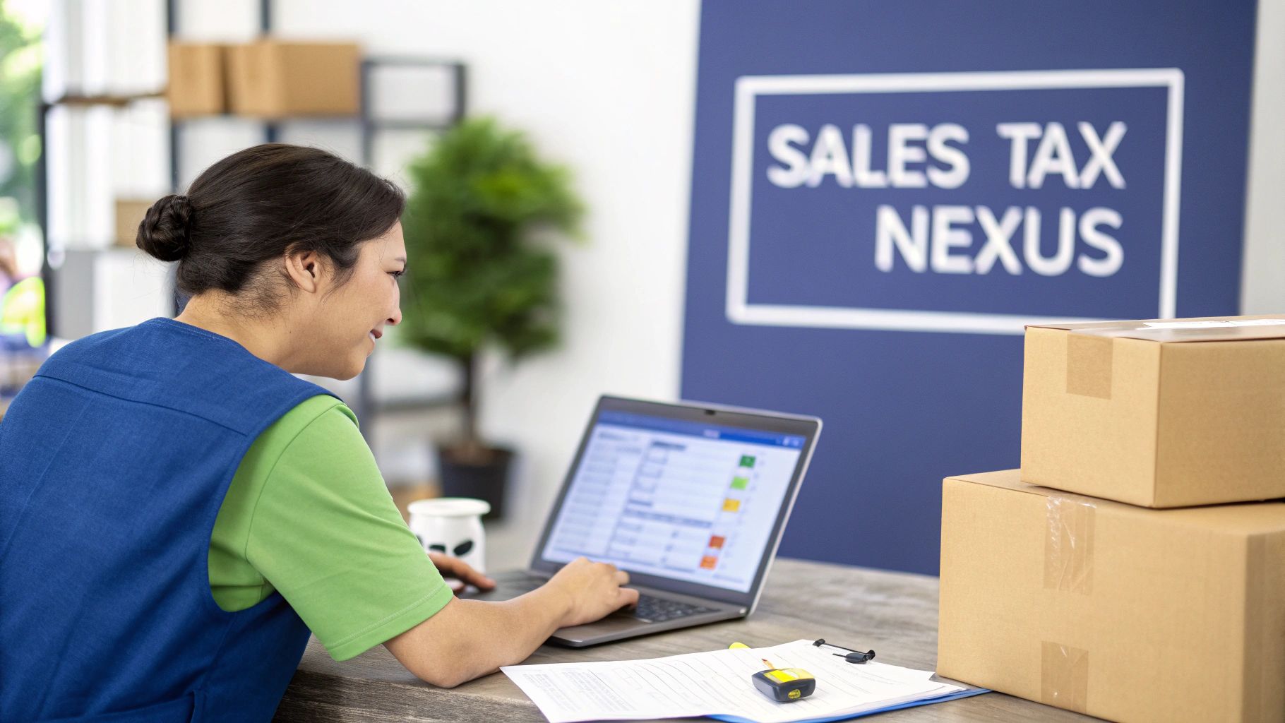 A woman works on a laptop at a desk with boxes and a "Sales Tax Nexus" sign.