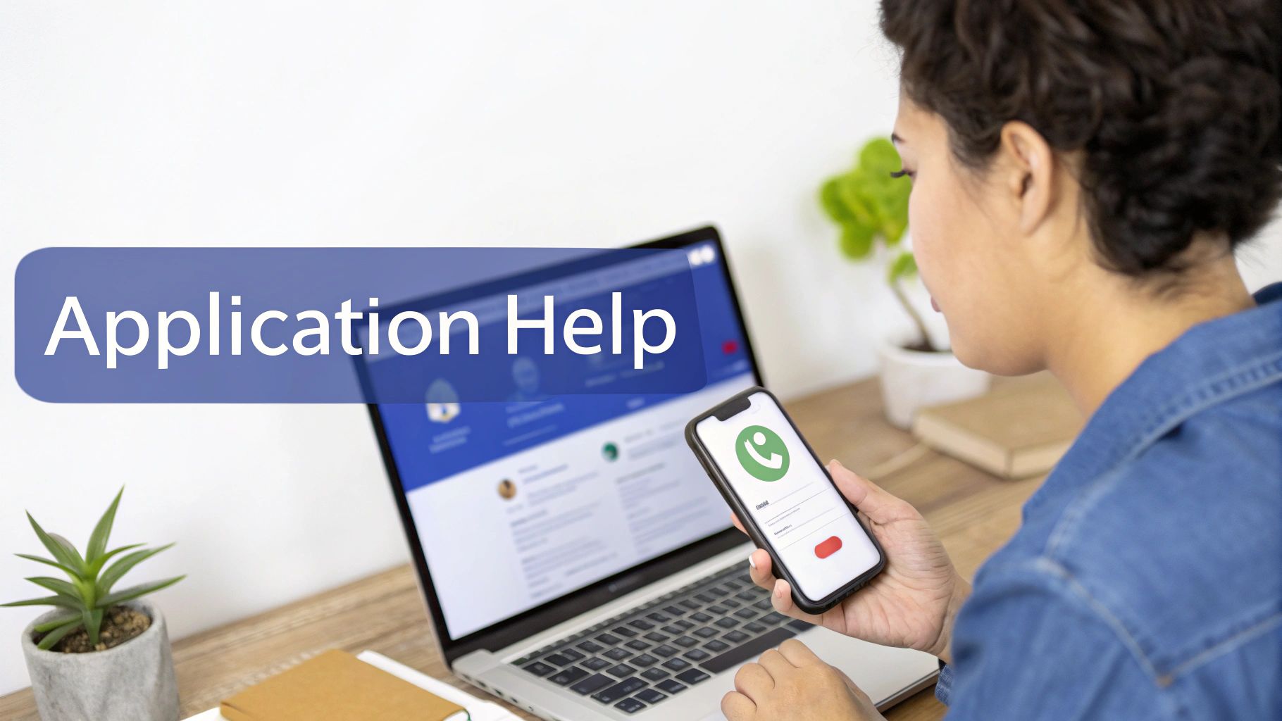 User seeking 'Application Help' online, interacting with a laptop and phone for support.