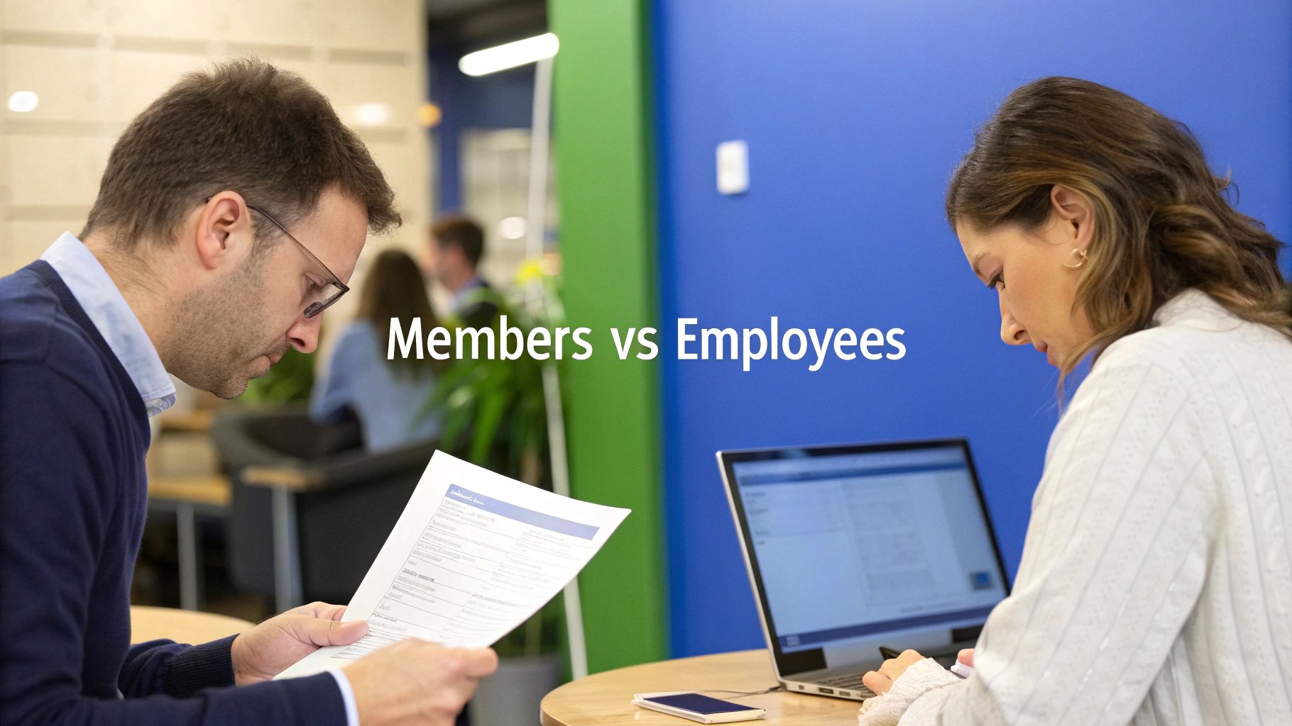 Two professionals, a man reading a document and a woman working on a laptop, in an office setting with 'Members vs Employees' text.