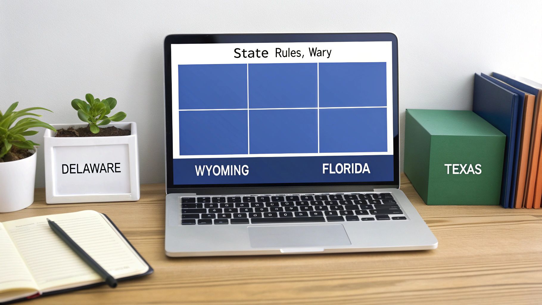 A desk with a laptop showing "State Rules" and state names, along with pots and a box labeled with states.