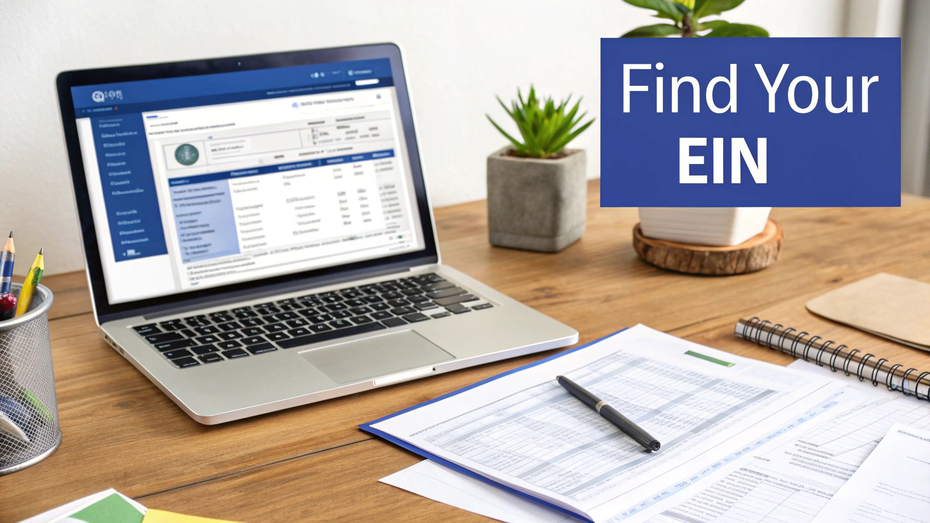 A laptop on a wooden desk with documents, a plant, and a blue overlay that says 'Find Your EIN'.