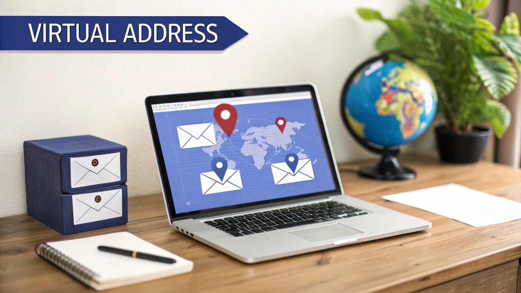 Laptop on a desk showing a world map with virtual mail and location pins, promoting virtual address services.