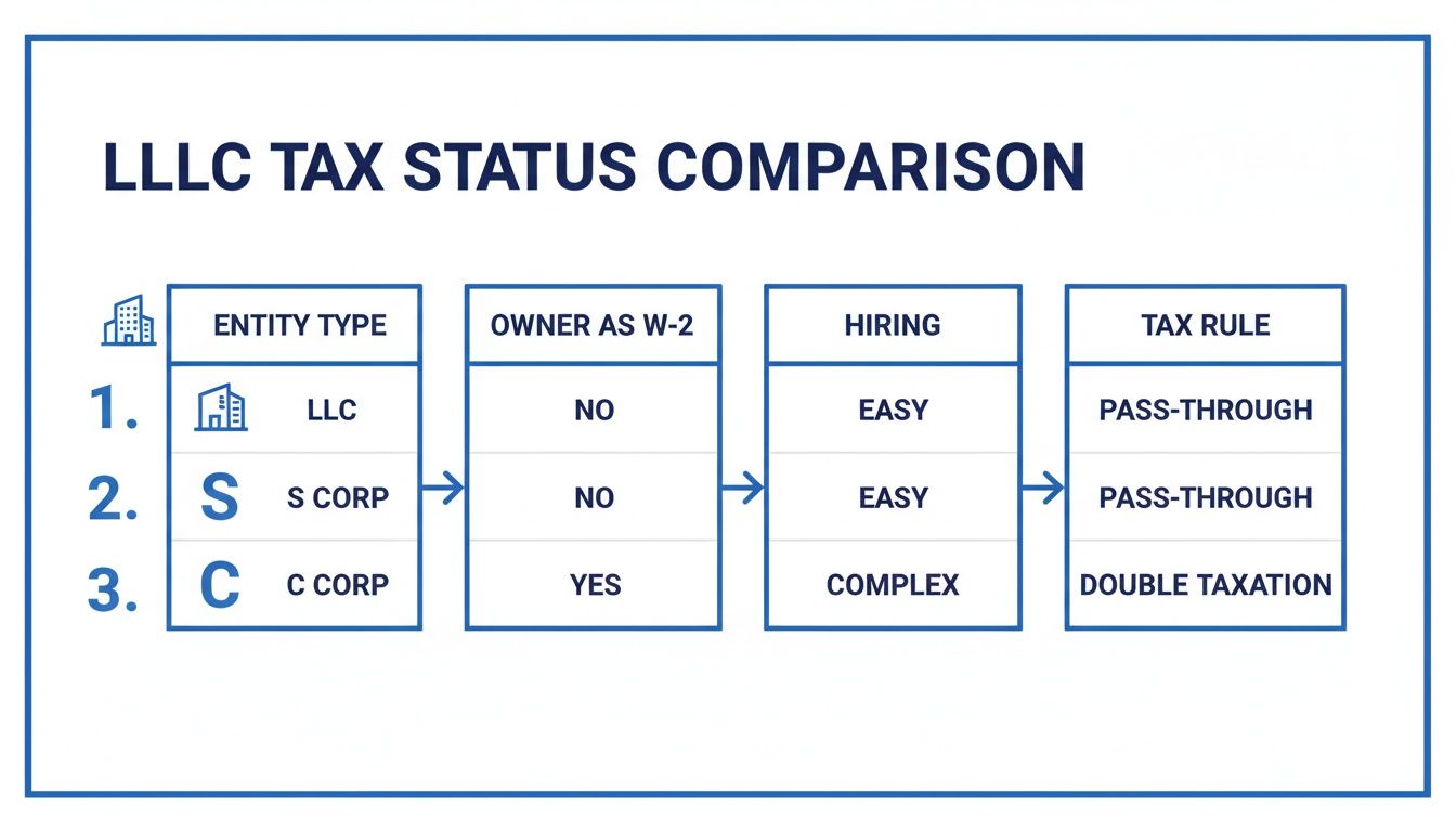 Table comparing LLLC tax status for LLC, S Corp, and C Corp across owner W-2, hiring, and tax rules.