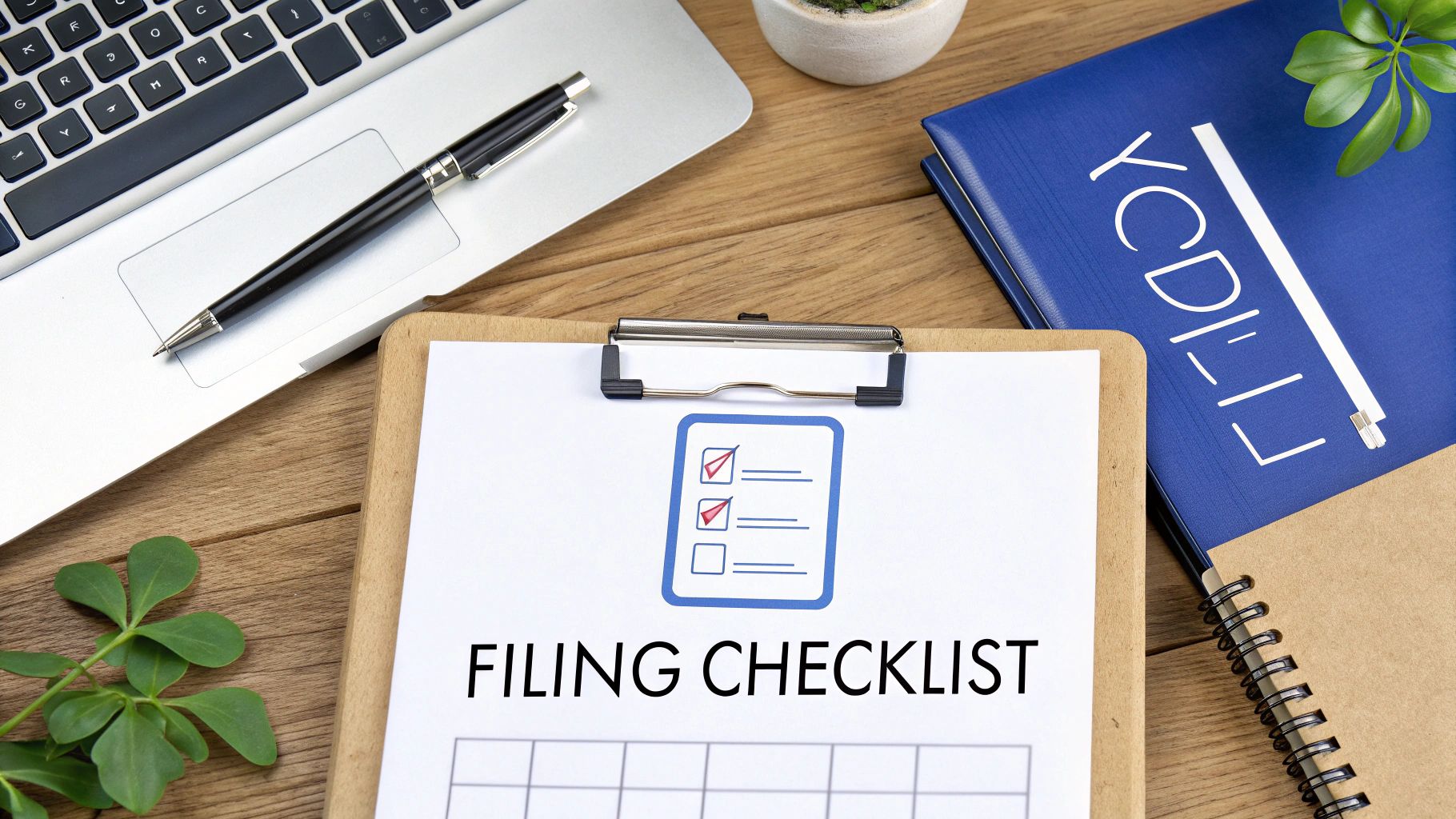 A top-down view of an organized desk with a laptop, pen, plant, and a 'FILING CHECKLIST' document on a clipboard.